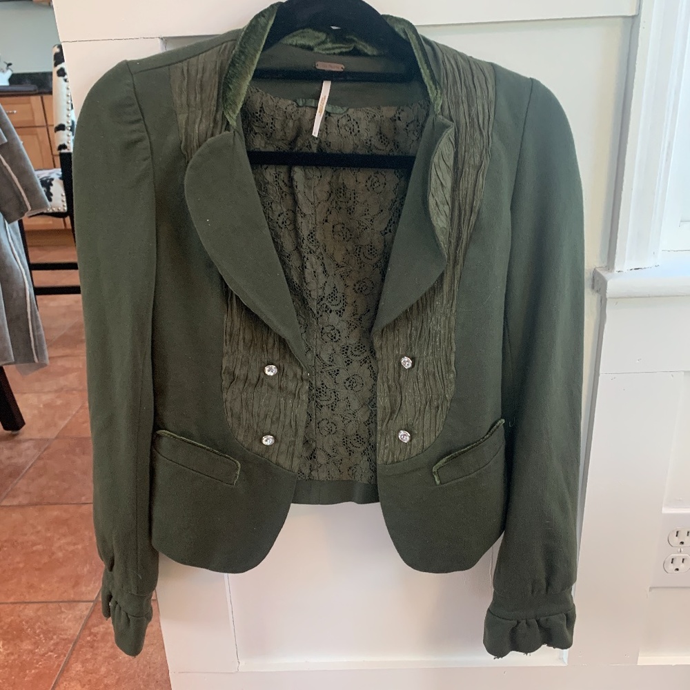 Olive green blazer with velvet accents